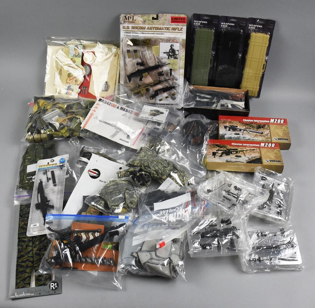 Assorted Scale Military Weapons & Other Accessories: Great size lot of Assorted Scale Military Weapons & Other Accessories. A lot of new in package, a lot of pieces in zip lock bags. Single owner collection from the largest toy collector on the West Coa