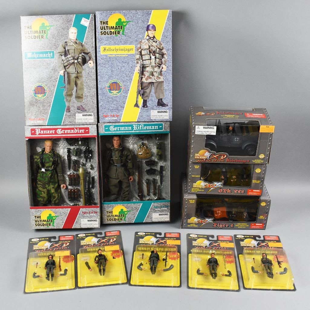 (12) 1990s-2000s 21st C Ultimate Soldier Figures & More-NOS: Lot is 12 1990s-2000s 21st C Ultimate Soldier Figures & More-NOS. Includes?Panzer Grenadier, German Rifleman, Fallschrimjager, Wehrmacht, Kubelwagen, SDK 222, Tiger 1 and 1:18 scale Xtreme Detail. Sin
