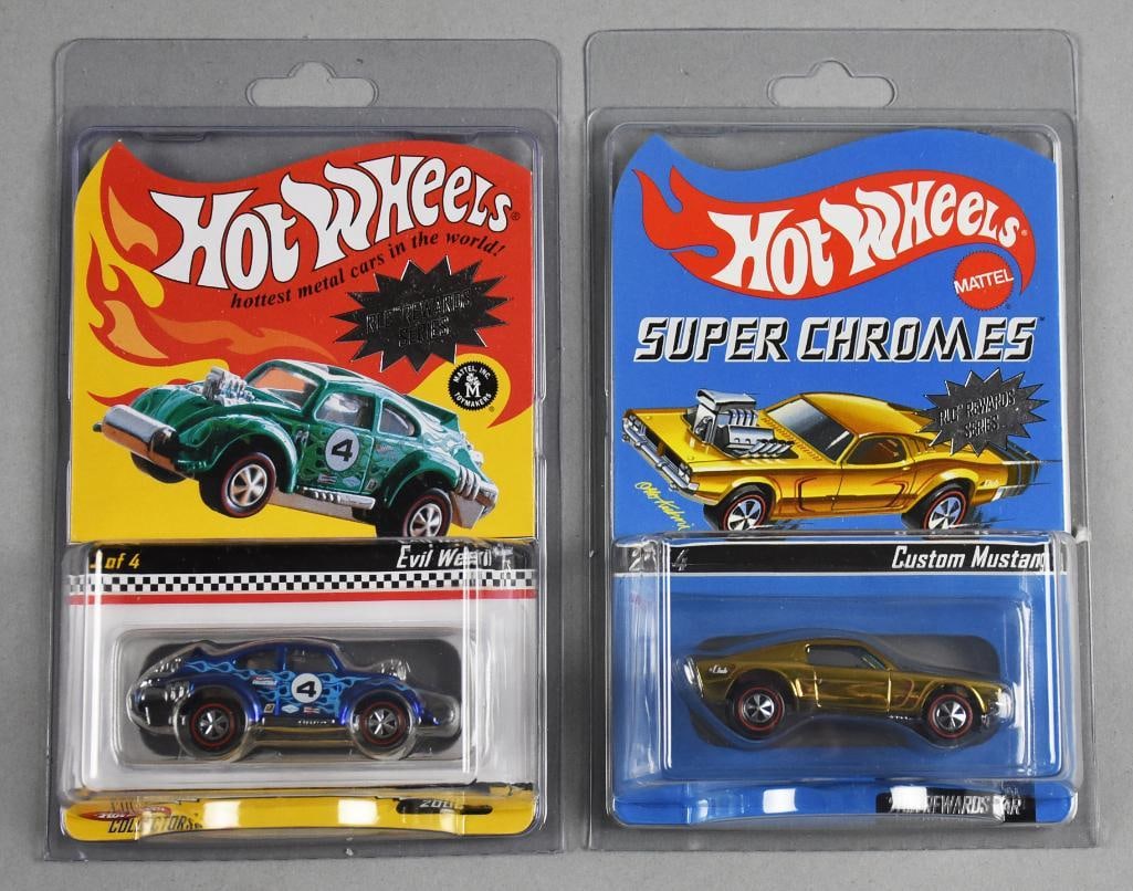 (2) 2000s Mattel Hot Wheels RLC PLUS Ltd Ed Die-Cast-MOC-NOS: Lot is two 2000s Mattel Hot Wheels Redline Club PLUS Limited Edition Die-Cast-MOC-NOS. Includes Evil Weevil 2896/3000 and Custom Mustang 389/3792. Single owner collection from the largest toy collecto