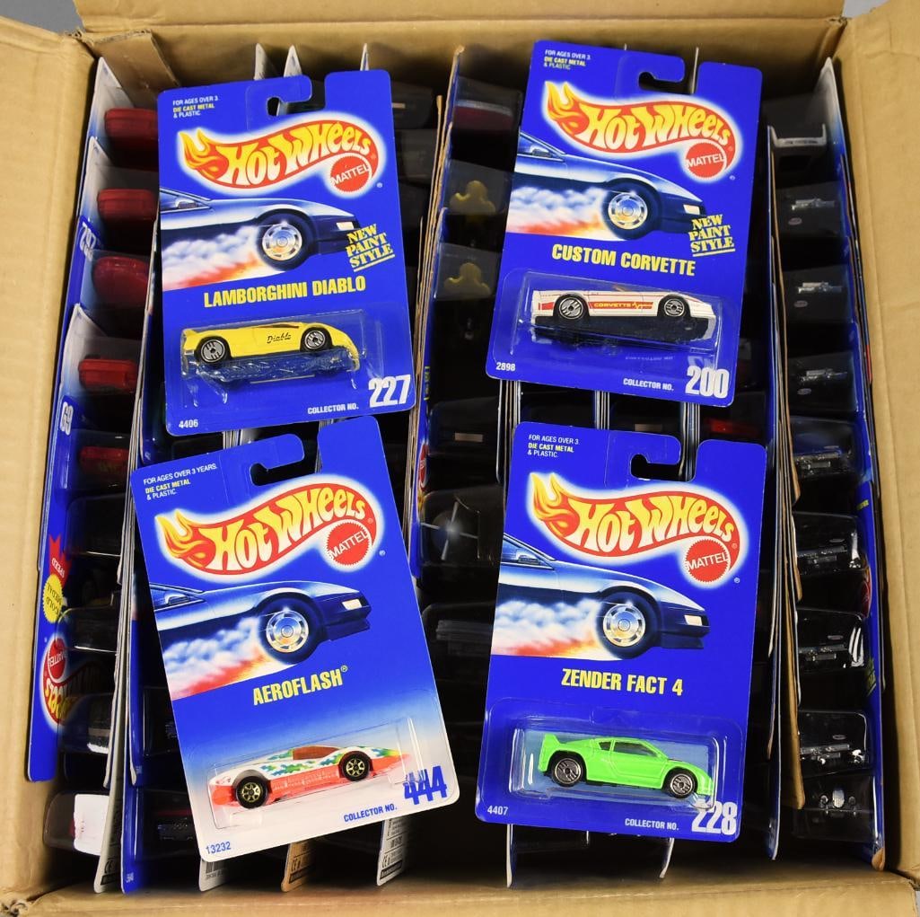 (83) 1990s Mattel Hot Wheels Asst. Factory Case - MOC-NOS: Lot is 83 1990s Mattel Hot Wheels Asst. Factory Case - MOC-NOS. Includes Ferrari, Cadillac, Chevy and more. Case possibly original with additional cars. Single owner collection from the largest toy co