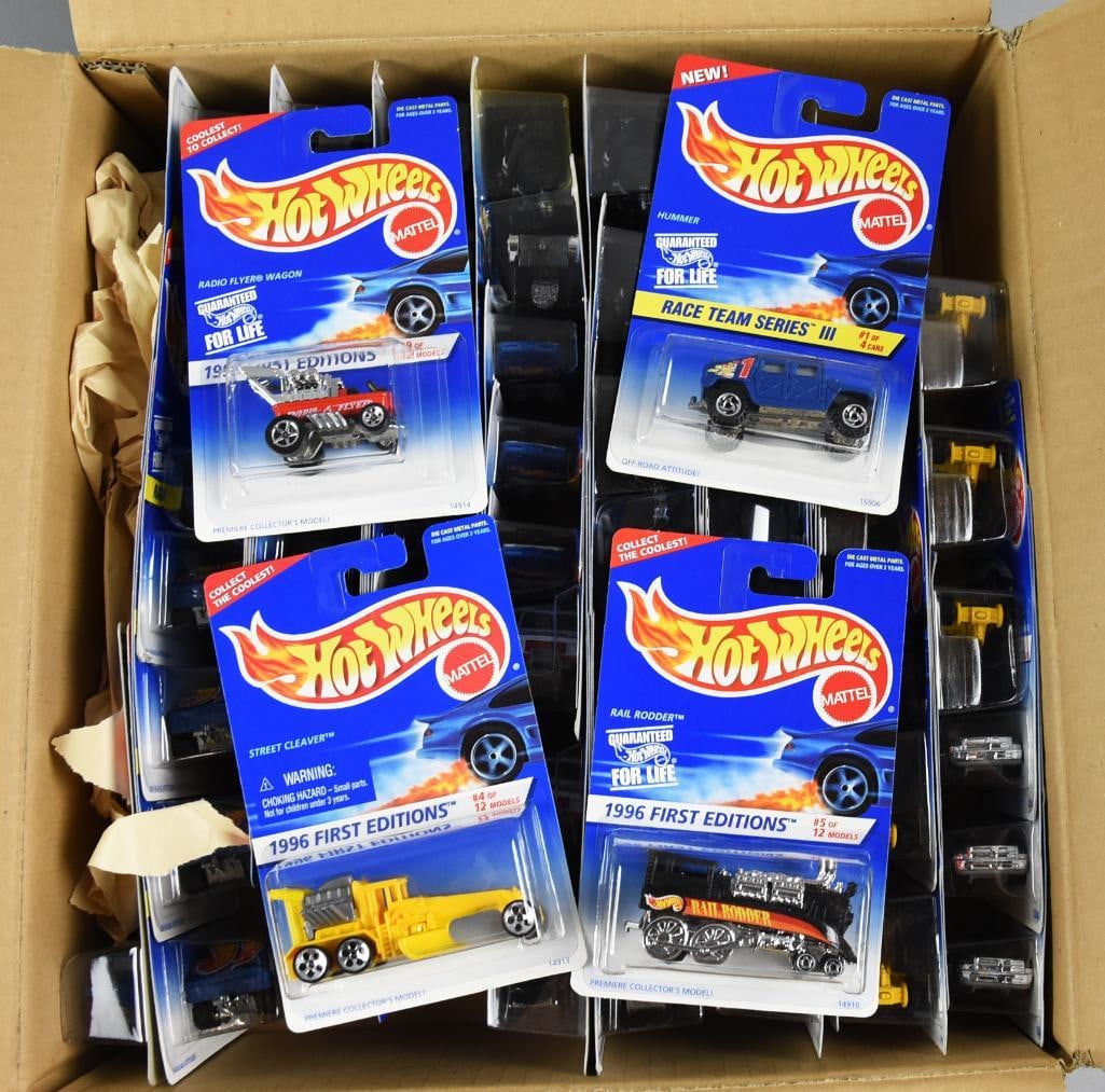 (58) 1990s Mattel Hot Wheels Asst. Factory Case - MOC-NOS: Lot is 58 1990s Mattel Hot Wheels Asst. Factory Case - MOC-NOS. Per note, Hummer included is rare. Single owner collection from the largest toy collector on the West Coast.