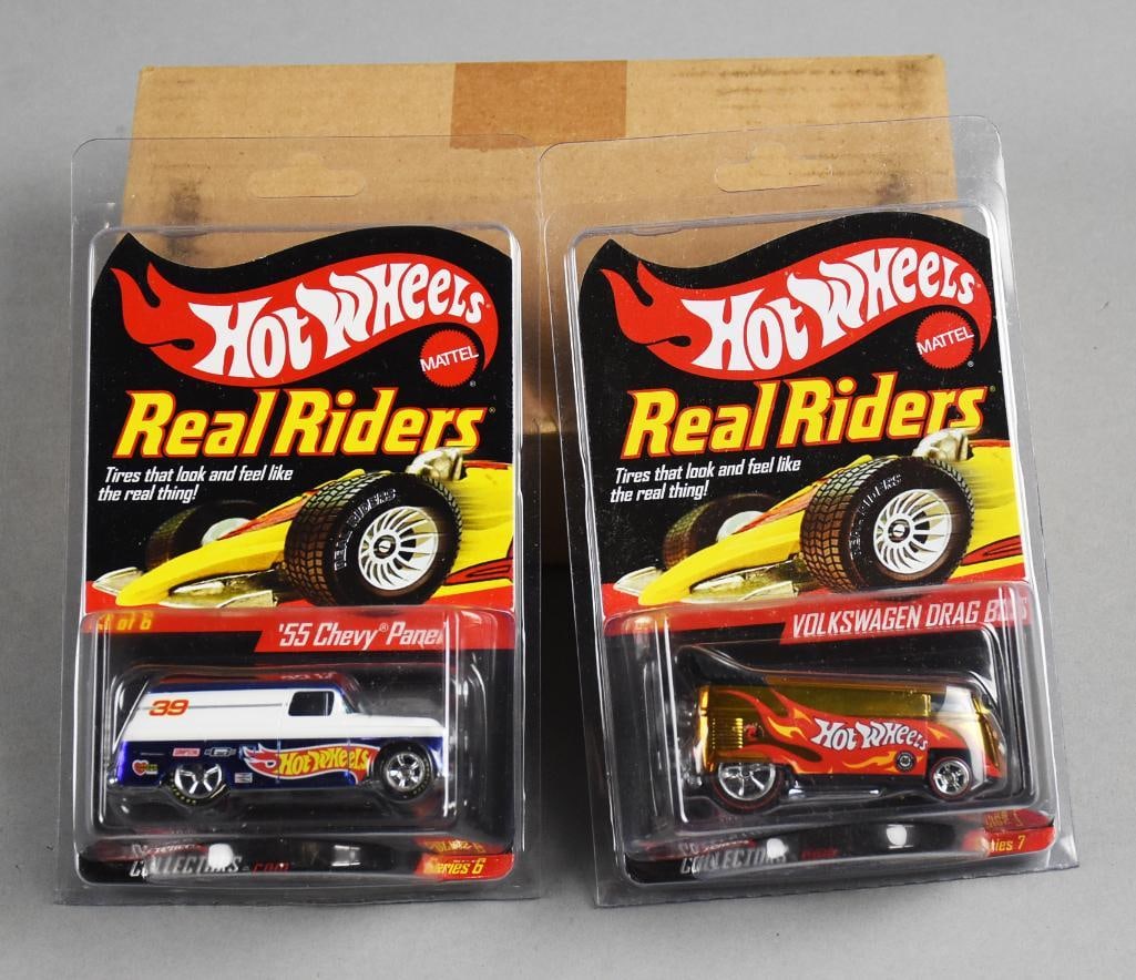 2000s Mattel Hot Wheels Real Riders Ltd Ed Die-Cast-MOC-NOS: Lot is a pair 2000s Mattel Hot Wheels Real Riders Limited Edition Die-Cast MOC-NOS. Includes '55 Chevy Panel 8125/10000 and Volkswagen Drag Bus 8634/11000. Single owner collection from the largest toy