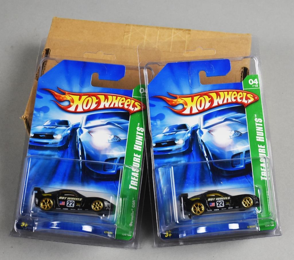 2006 Hot Wheels Treasure Hunt Corvette C6R-MOC-NOS: Lot is a pair of 2006 Mattel Hot Wheels Treasure Hunt Corvette C6R MOC-NOS. Single owner collection from the largest toy collector on the West Coast.