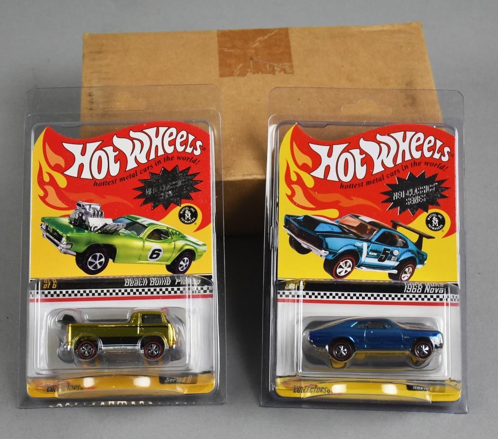 2000s Hot Wheels RLC Ltd Ed Die-Cast-MOC-NOS: Lot is two 2000s Mattel Hot Wheels Redline Club Limited Edition Die Cast-MOC-NOS. Includes Hot Wheels Beach Bomb Pickup 7941/11000?and Hot Wheels 1968 Nova 2859/11000. Single owner collection from the