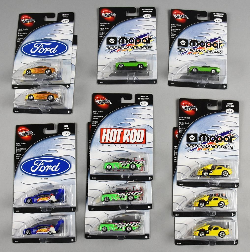 2002 Mattel 100% Hot Wheels Original Factory Case-MOC-NOS: Lot is 12 2002 Mattel 100% Hot Wheels Original Factory Case-MOC-NOS. Includes Mercury Cougar, Ford Focus, Dodge Viper GTS, '70 Plymouth Barracuda, Jeep '41 Willys Coupe. Lot with duplicates. Single ow