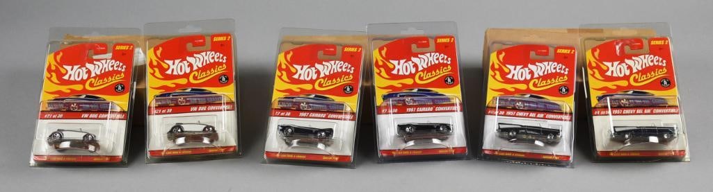 (6) 2000s Mattel Hot Wheels Convertibles MOC-NOS: Lot is six 2000s Mattel Hot Wheels Convertibles - MOC-NOS. Includes two each VW Bug Convertible, 1967 Camaro Convertible and 1957 Chevy Bel Air Convertible. Single owner collection from the largest to