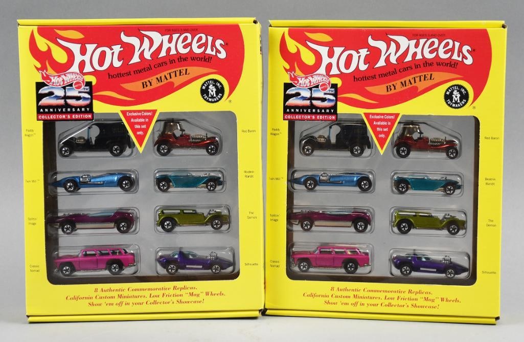 1993 Mattel Hot Wheels Ltd Ed 25th Anniv. Editions MIB NOS: Lot is two 1993 Mattel Hot Wheels Ltd Ed 25th Anniversary Collectors Editions MIB-NOS. Limited edition numbers are 1630 and 1658. Single owner collection from the largest toy collector on the West Coa