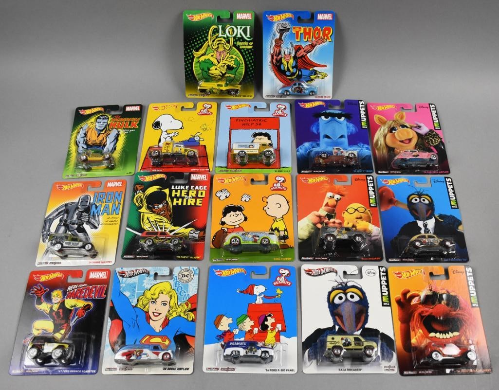 (17) 2000s Mattel Hot Wheels Muppets, Marvel & More-MOC-NOS: Lot is 17 2000s Mattel Hot Wheels Muppets, Marvel & More-MOC-NOS. Includes Marvel: Iron Man, Hulk, Luke Cage, Dare Devil, Loki, Thor, Super Girl. Muppets: Eagle, Gonzo, Animal, Miss Piggy, Beaker/Dr.