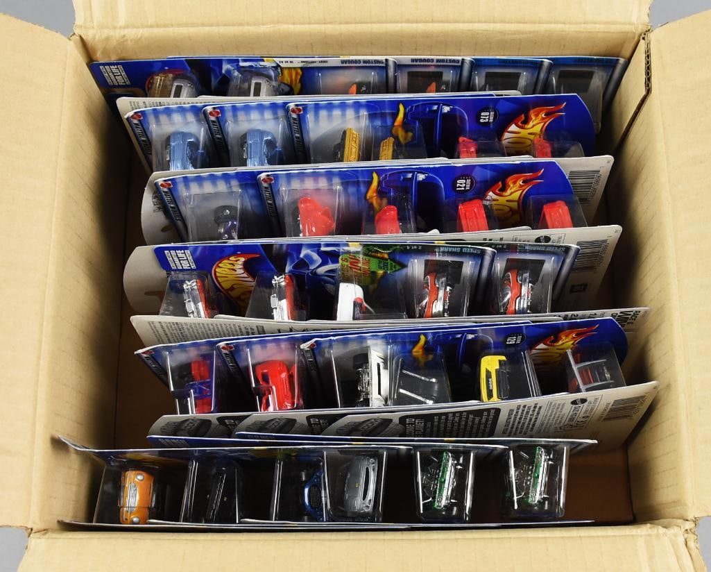 (71) 2000s Mattel Hot Wheels Basic Asst-Shipping Box-MOC-NOS: Lot is 71 2000s Mattel Hot Wheels Basic Assortment Shipping Box MOC-NOS. Appears to be original shipping case, per note, Treasure Hunt car removed. Single owner collection from the largest toy collect
