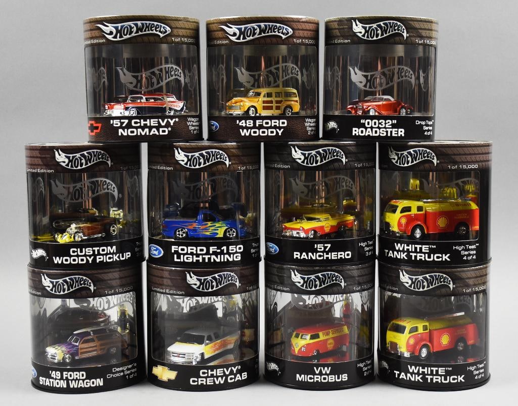 (11) 2000s Mattel Hot Wheels Oil Can Die Cast-MIP-NOS: Lot is 11 2000s Mattel Hot Wheels Oil Can Die Cast-MIP-NOS. Includes '57 Ranchero, VW Microbus, White Tank Truck, Chevy Crew Cab, '49 Ford Station Wagon, Custom Woody Pickup, Ford F-150 Lightning, 003
