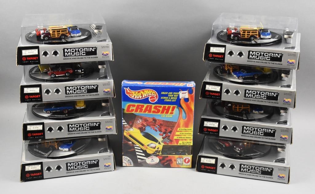 (8) 1996 Mattel Hot Wheels Motorin' Music Ltd Ed-MIP-NOS: Lot is eight 1996 Mattel Hot Wheels Motorin' Music Ltd Ed-MIP-NOS. Target Exclusives all individually numbered. Includes a Hot Wheels Crash CD - Rom. Single owner collection from the largest toy colle