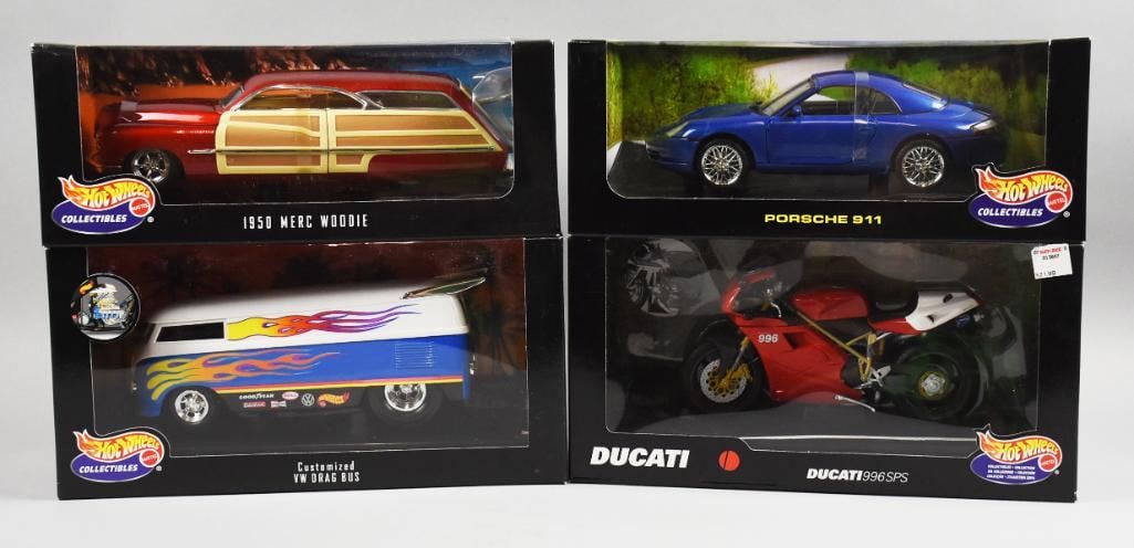 1999-00 Mattel Hot Wheels Collectibles 1:10, 1:18-MIB-NOS: Lot is four 1999-00 Mattel Hot Wheels Collectibles 1:10, 1:18-MIB-NOS. Includes Ducati 996SPS, Porsche 911, Customized VW Drag Bus and a 1950 Merc Woody. Single owner collection from the largest toy c
