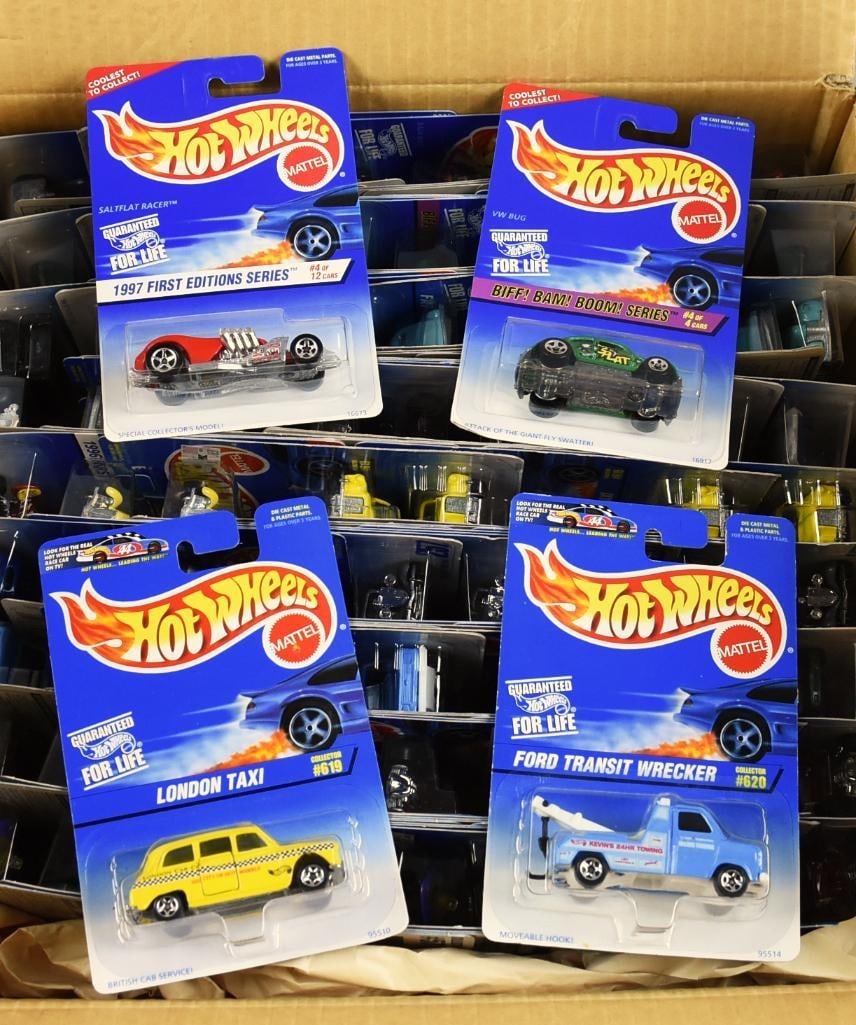 (77) 1990s Mattel Hot Wheels Asst-Shipping Box-MOC-NOS: Lot is 77 1990s Mattel Hot Wheels Assorted -Shipping Box-MOC-NOS. Case may be original with additional cars, with duplicates. Single owner collection from the largest toy collector on the West Coast.