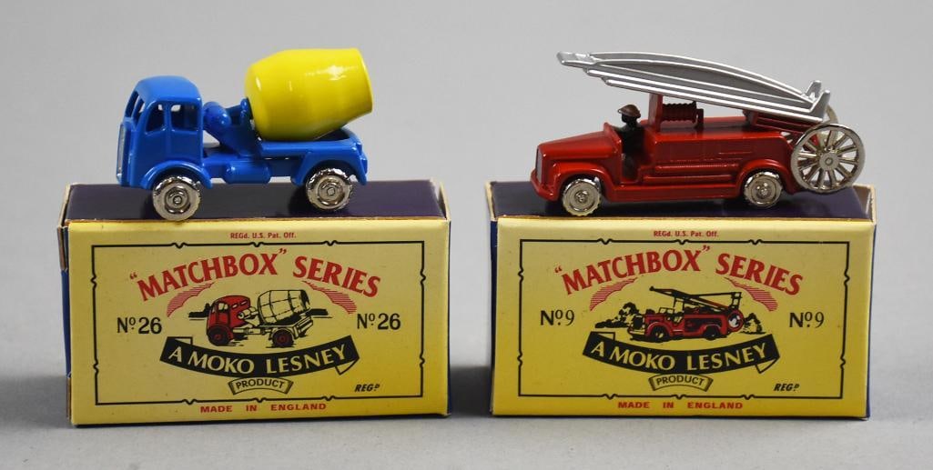 (2) 1990s Moko Lesney Matchbox Series - MIB - NOS: Lot is two 1990s Moko Lesney Matchbox Series - MIB - NOS. Includes No. 9 Firetruck and No. 26 Cement Mixer. Single owner collection from the largest toy collector on the West Coast.