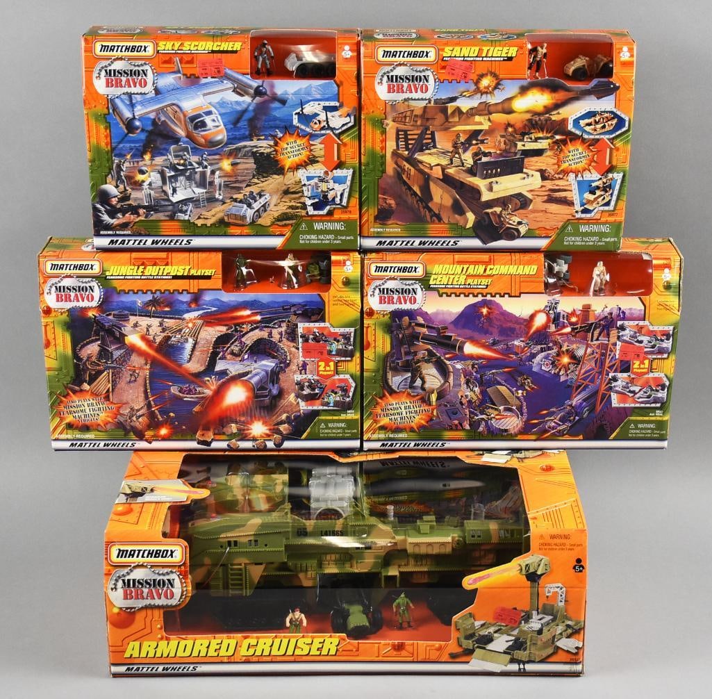 (5) 1998-99 Matchbox Mission Bravo Play Sets-MIB-NOS: Lot is five 1998-99 Mattel Matchbox Mission Bravo Play Sets-MIB-NOS. Includes Sky Scorcher, Armored Cruiser, Jungle Outpost, Mountain Command Center and Sand Tiger. Single owner collection from the la