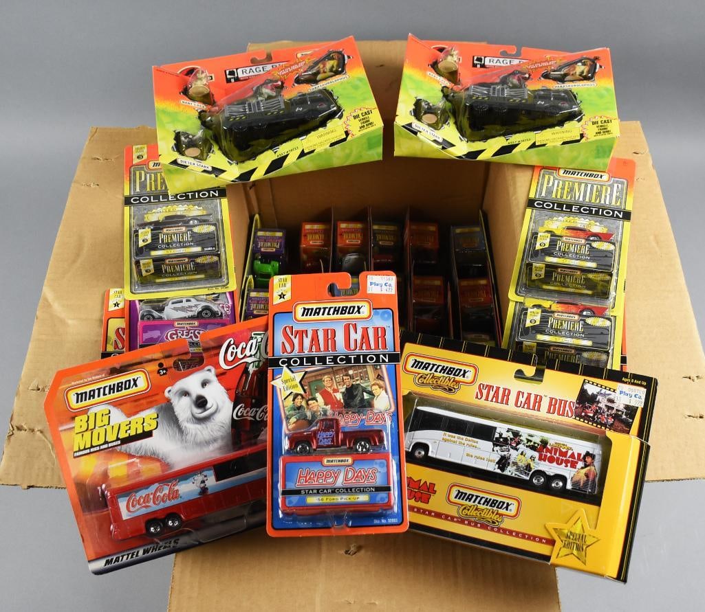 (41) 1990s Mattel Tyco Matchbox Assortment - MOC-NOS: Lot is 41 1990s Mattel Tyco Matchbox Assortment - MOC-NOS. Includes Premier, Star Cars, Rage Rigs and more. Single owner collection from the largest toy collector on the West Coast.