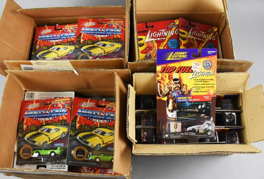 1990s Johnny Lighting Assorted Die-Cast Factory Cases-MOC-NOS: Lot is four 1990s Johnny Lighting Assorted Die-Cast Factory Cases-MOC-NOS. Includes Top Fuel, Commemorative and two Muscle Cars USA. Single owner collection from the largest toy collector on the West 