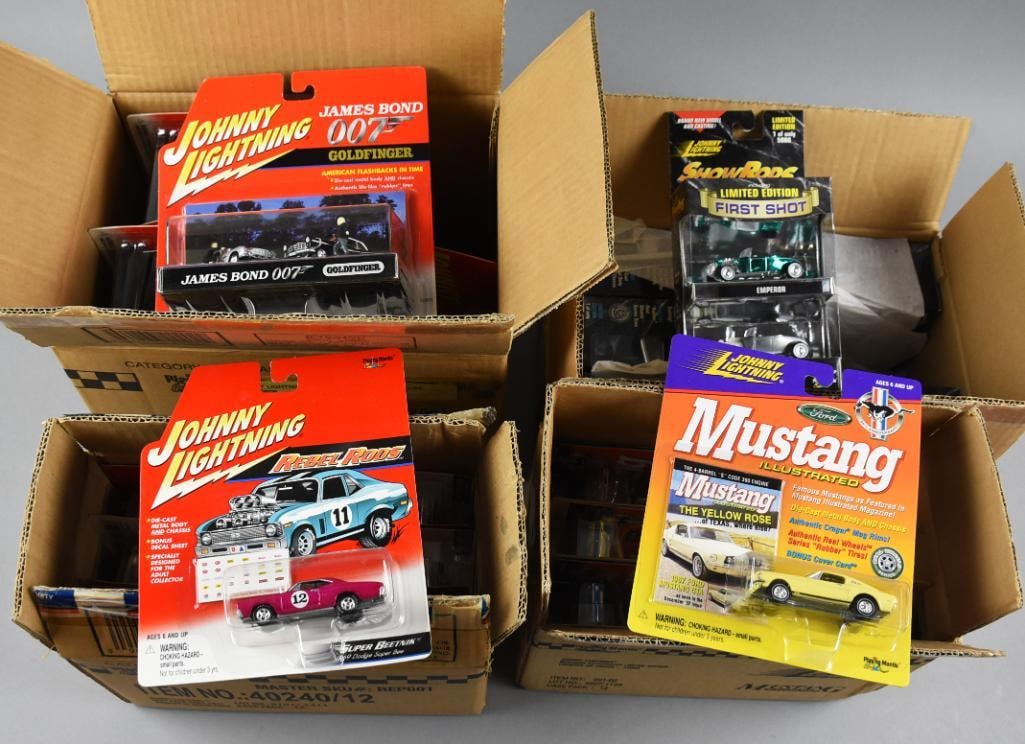 (60) 1990s-00s Johnny Lightning Corvette Mustang Top Fuel: Lot is six 1990s-00s Johnny Lightning Factory Cases, 60 cars - MOC-NOS. Includes Indy Pace Cars, Top Fuel, Mustang Illustrated, Corvette, First Shot Show Rods and Dioramas Release 2, Corvette Limited