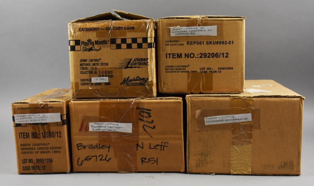 Playing Mantis Johnny Lightning Factory Sealed Case NOS: Lot is Playing Mantis Johnny Lightning Factory Sealed Case NOS. Includes two factory sealed cases-Monopoly and Motor Trend. One case open-Mustang and two boxes with 36 assorted Commemorative and one b