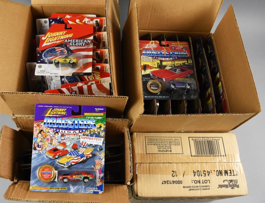 1990s-00s Playing Mantis Johnny Lightning Factory Cases NOS: Lot is four 1990s-00s Playing Mantis Johnny Lightning Factory Cases-NOS. Custom Camaro case is sealed, open cases are American Glory, Muscle Cars USA and Dragsters USA. Single owner collection from th