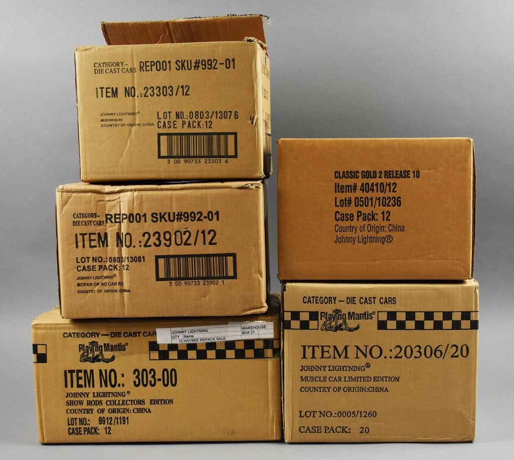 1990s-00s Playing Mantis Johnny Lightning Factory Cases NOS: Lot is five 1990s-00s Playing Mantis Johnny Lightning Factory Cases NOS. Includes two open cases: Show Rods and Mustang. Factory sealed cases: Mopar or No Car R2 and two Classic Gold. Single owner col