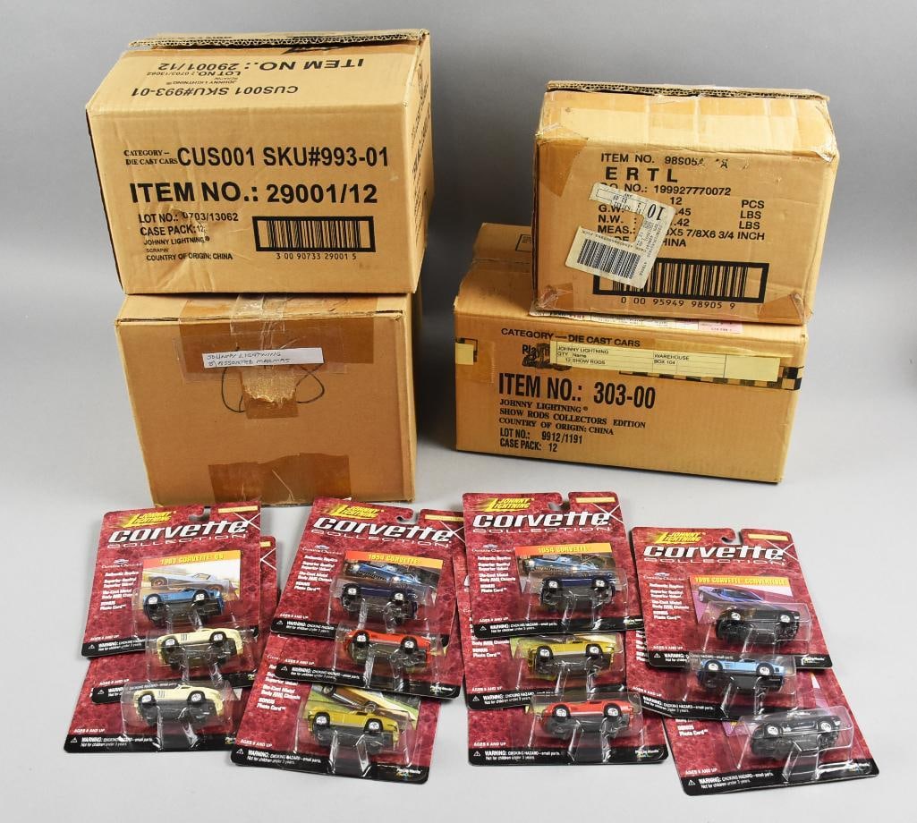 Playing Mantis Johnny Lightning ERTL Factory Cases - NIB: Lot is two Playing Mantis Johnny Lightning Factory Cases - MOC-NOS. Also includes one cardboard carton assorted of Johnny Lightning cars, two factory cases: Scrapin', Ad Rods in Ertl case and box sets