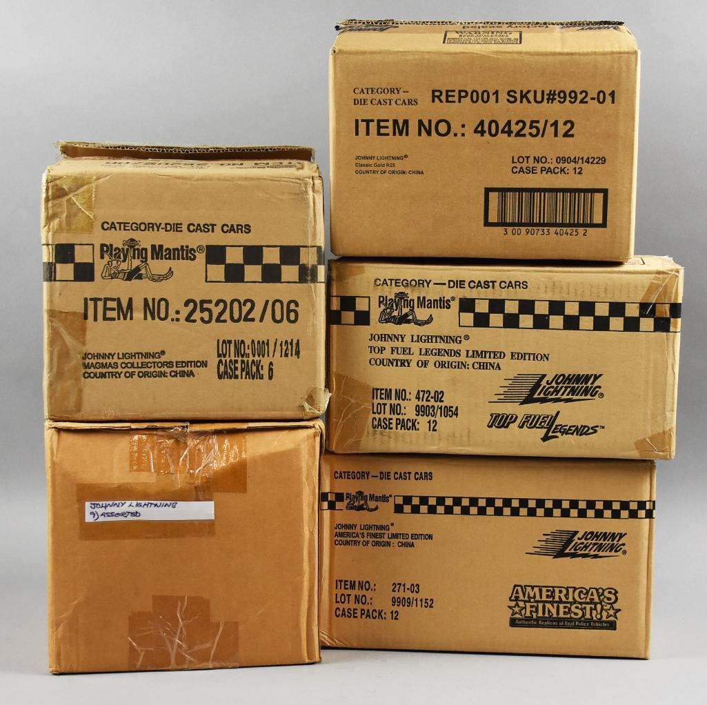 (5) 1990s-00s Johnny Lightning Factory Cases - MOC-NOS: Lot is five 1990s-00s Johnny Lightning Factory Cases - MOC-NOS. Includes Magmas, Classic Gold, Top Fuel, America's Finest and one cardboard box, not case, Assorted. Single owner collection from the la