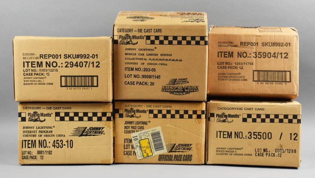 1990s-00s Playing Mantis Johnny Lightning Factory Cases-NOS: Lot is six 1990s-00s Playing Mantis Johnny Lightning Factory Cases-NOS. One case sealed: Surf Rods II. Open cases are: Internet Program, Volkswagen, Speed Racer3, Muscle Car, Indy Pace. Single owner c