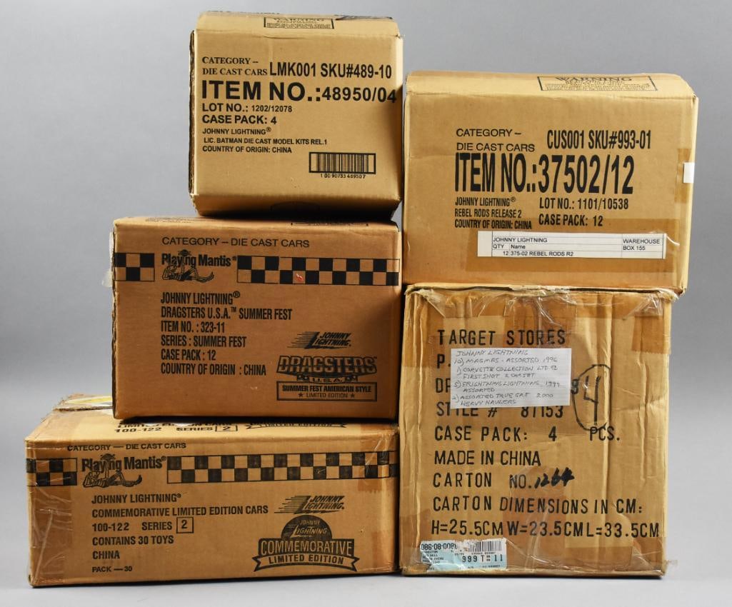 (60+) 1990s-00s Playing Mantis Johnny Lightning: Lot is five 1990s-00s Playing Mantis Johnny Lightning Factory Cases, 60+ cars, -NOS. One case sealed: Dragsters USA, four opened: Batman Model Kits, Rebel Rods and one Target case, NOT Johnny Lightnin