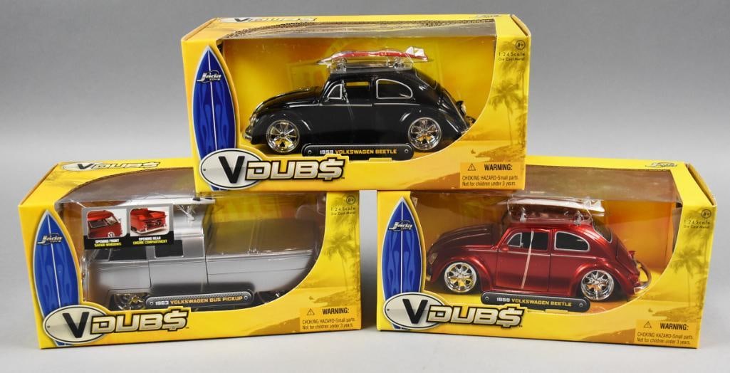 (3) 2006 Jada Toys VDubs Die-Cast MIB-NOS: Lot is three 2006 Jada Toys VDubs Die-Cast - MIB-NOS. Includes 1963 VW Bus Pickup and two 1959 VW Beetle - variant. Single owner collection from the largest toy collector on the West Coast.