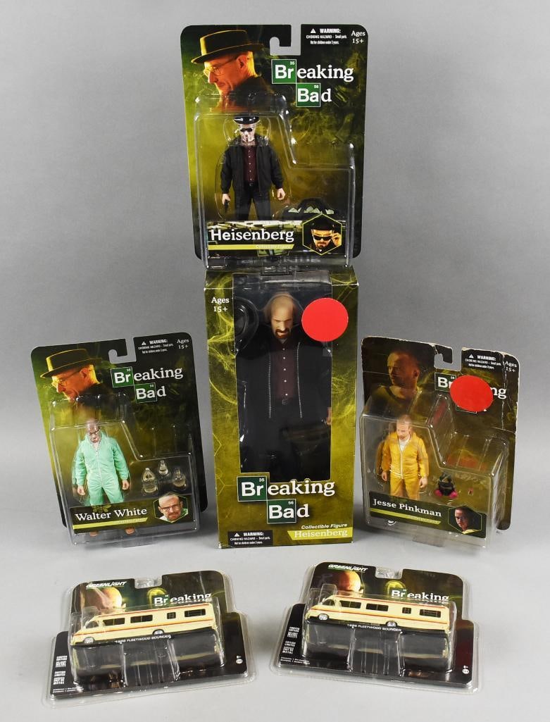 (6) 2000s Breaking Bad Greenlight/Mezco Cars Action Figs-NOS: Lot is six 2000s Greenlight/Mezco Breaking Bad Cars-Action Figs-NOS. Includes two?Greenlight?1986 Fleetwood Bounder and Mezco?three 6" tall Jesse Pinkman, Walter White and Heisenberg and one 12" tall 