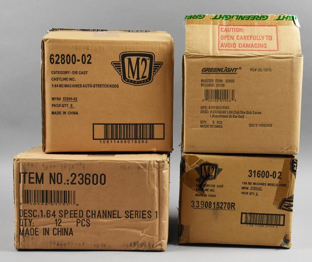 (4) 2000s Greenlight/M2 Machines Factory Cases-MIP-NOS: Lot is four 2000s Greenlight/M2 Machines Factory Cases-MIP-NOS. Includes M2 - Auto-Stretch and Muscle Machines. Greenlight include Club Vee Dub and Speed Channel.?Single owner collection from the larg