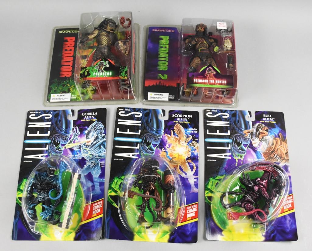 (5) 1990s-00s Alien & Predator Action Figures - MOC-NOS: Lot is five 1990s-00s Kenner/McFarlane Action Figures - MOC-NOS. Includes McFarlane: Predator & Predator 2. Kenner Alien: Bull Alien, Gorilla Alien and Scorpion Alien. Single owner collection from the