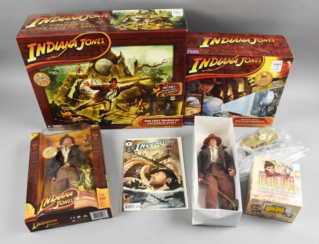 1990s-00s Indiana Jones Uncle Milton Hasbro Playsets PLUS-NOS: Lot is a nice assortment of 1990s-00s Indiana Jones Uncle Milton Hasbro Playsets PLUS-NOS. Includes an Uncle Milton Crystal Skull Adventure Projector, Hasbro The Lost Temple Akator Playset and Indy do