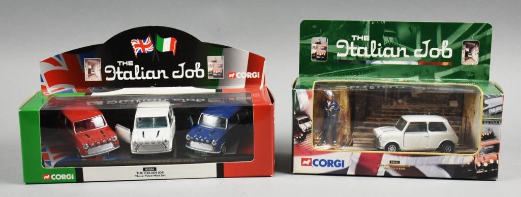 1998, 2000 Corgi The Italian Job Collection MIP-NOS: Lot is two 1998, 2000 Corgi The Italian Job Collection - MIP-NOS. Includes one three piece set and one Mini and Driver. Single owner collection from the largest toy collector on the West Coast.
