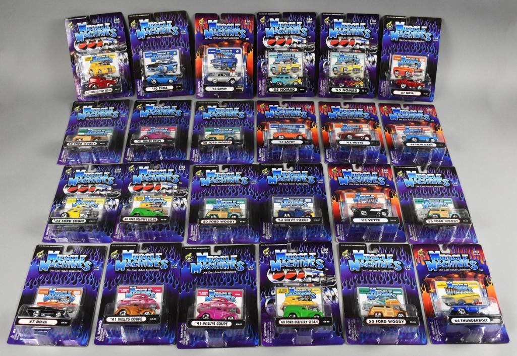 (24) 2000s Funline Muscle Machines Die-Cast MOC-NOS: Lot is 24 2000s Funline Muscle Machines Die-Cast MOC-NOS. Includes Ford, Chevy, Willys, Plymouth in a variety of body styles, no duplicates. Single owner collection from the largest toy collector on t