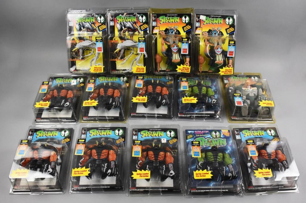 (14) 1994 McFarlane Spawn Action Figures MOC - NOS: Lot is 14 1994 McFarlane Spawn Action Figures - MOC - NOS. Includes one Overtkill, two each: Tremor (green), Clown and Violator and seven Tremor (brown). Single owner collection from the largest toy c