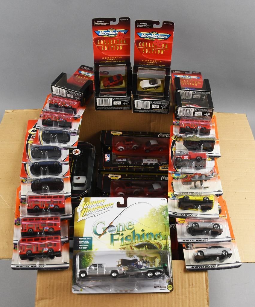 (32) 1990s-00s Mattel Galoob and More Assortment MIP NOS: Lot is 32 1990s-00s Mattel/Galoob and More Assortment MIP-NOS. This collection features a variety of diecast collectibles from well-known brands such as Matchbox, Texaco, and Micro Machines. Highlight
