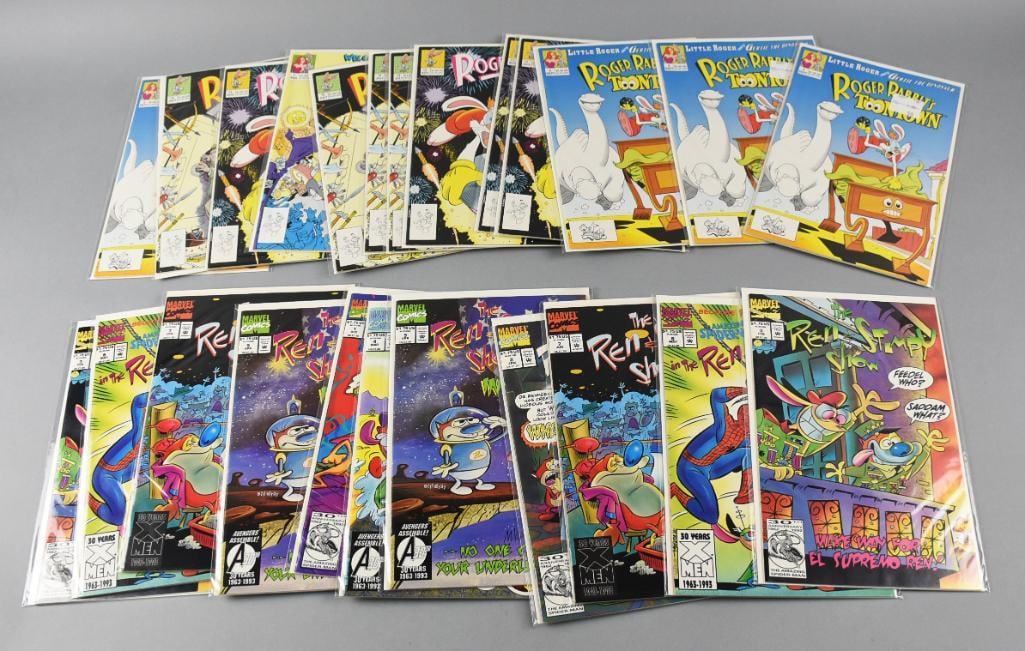(24) 1990s Marvel Comics Ren & Stimpy, Roger Rabbit: Lot is for 24 1990s Marvel Comics Ren & Stimpy, Roger Rabbit. Lot contains duplicates. Single owner collection from the largest toy collector on the West Coast.