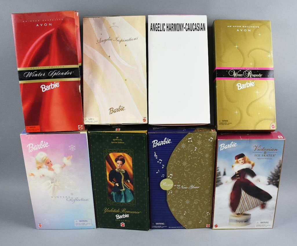 (8) 1990s-00s Mattel Avon & Hallmark Barbies - NRFB-NOS: Lot is eight 1990s-00s Mattel Avon & Hallmark Barbies - NRFB-NOS. Includes Winter Rhapsody, Winter Splendor, Winter's Reflection, Victorian Ice Skater, Yuletide Romance, Angelic Inspirations, Angelic