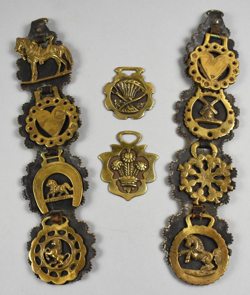 Vintage Horse Medallions on Leather Harness - Solid Brass: Very nice assortment of vintage horse medallions in brass. Most are attached to a leather harness strap and include a tacked up horse, rearing horse, heart, clovers and more. The leather is approx. 16