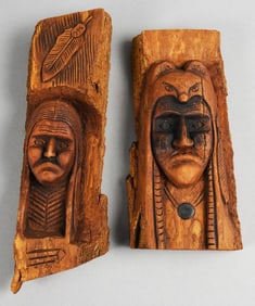 Vintage Native American Hand Carved Figures in Split Logs