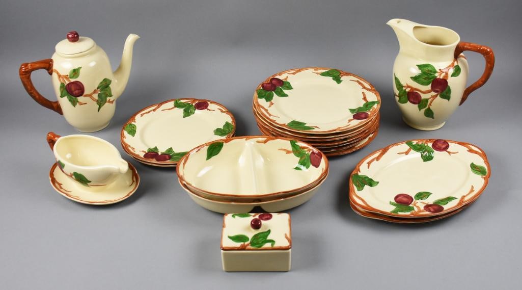 Vintage Franciscan Apple Dishware California Back Stamp: Terrific vintage Franciscan dishware in the Apple pattern. Pattern introduced in 1940 designed to accent the California apple orchards. This set includes seven dinner plates, two luncheon plates, two