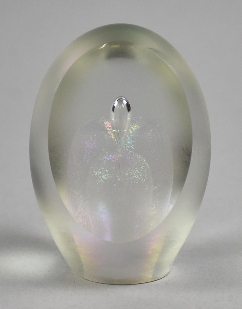 1993 R.W. Stephens Iridescent Paperweight, Teardrop: Beautiful iridescent paperweight from artist RW Stephens. Piece has a teardrop inclusion and well marked along with the date 1993 on base. Measures approx. 4" tall x 3".