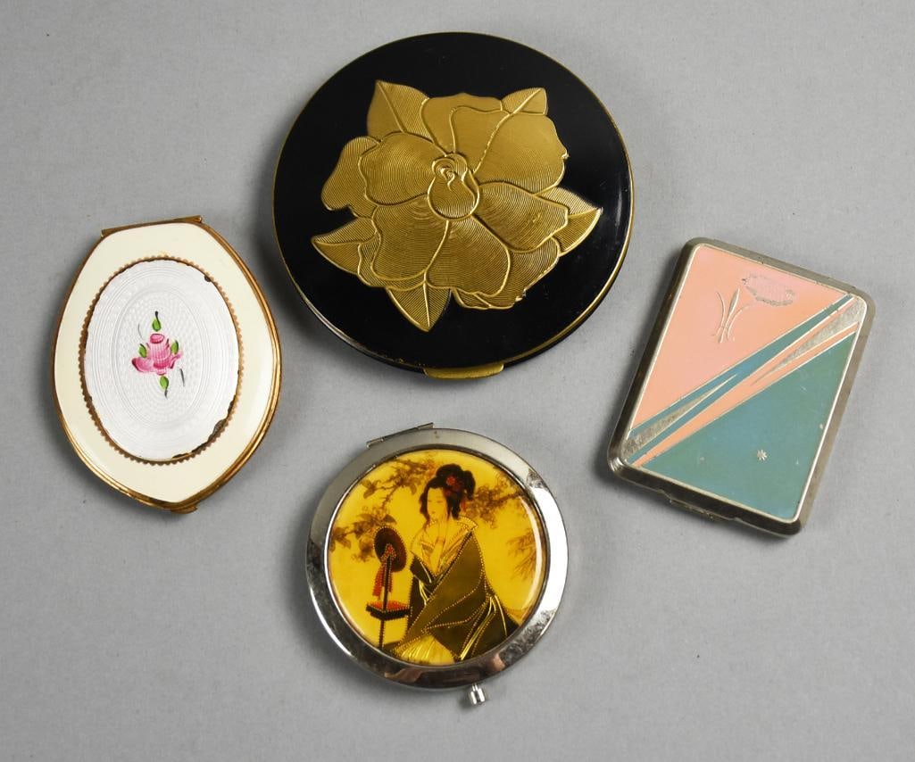Vintage Ladies Makeup Compacts, REX, Elgin and More: Lovely assorted vintage ladies cosmetic compacts. Includes a pretty REX black enamel with gold tone flower, a guilloche with pink rose attributed to Elgin, Richard Hudnut three compartment pink and pa