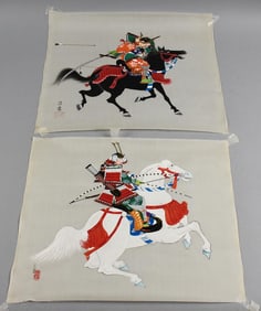 Vintage Japanese Signed Samurai on Horseback Cloth Panels