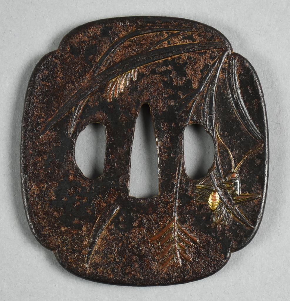 18th-19th Century Japanese Tsuba, Plant & Grasshopper: Awesome Japanese tsuba from the 18th-19th century. Appears iron with long leaf plant and grasshopper, grasshopper appears to be accented in gold. Back is the same long leaf plant. No visible signature