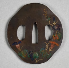Early 19th C Japanese Tsuba w/ Cloisonne Morning Glories