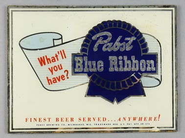 c1950 Pabst Blue Ribbon Reverse Painted Glass Advert