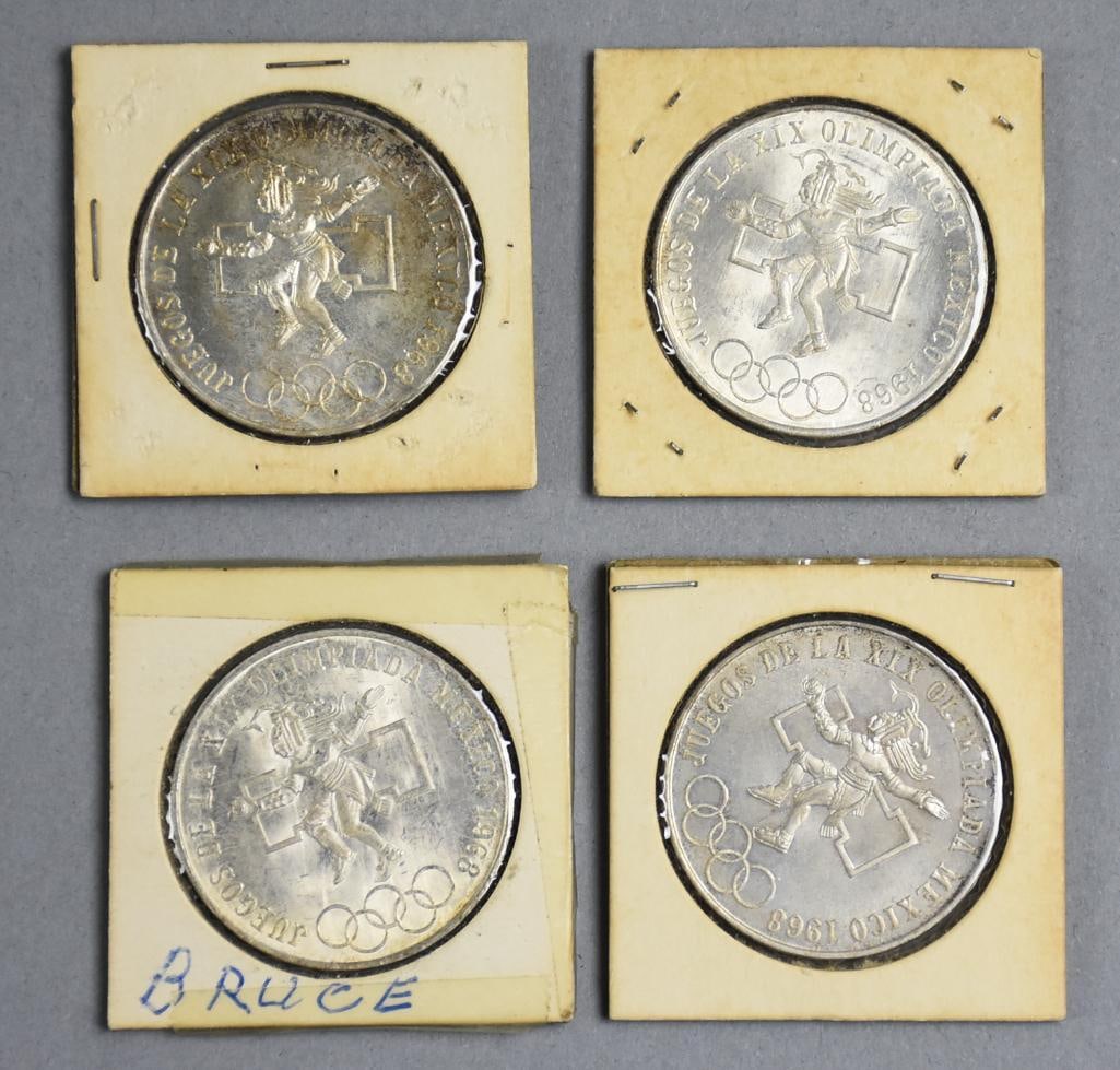 (4) 1968 72% Silver Mexico Olympics 25 Peso Coins: Lot is four 1968 72% Silver Mexico Olympics 25 Peso Coins.